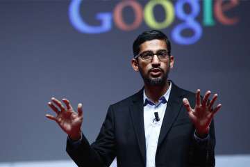 Sundar Pichai, senior vice president of Android, Chrome and Apps at Google Inc., speaks during a keynote session at the Mobile World Congress in Barcelona, Spain, on Monday, March 2, 2015. The event, which generates several hundred million euros in revenue for the city of Barcelona each year, also means the world for a week turns its attention back to Europe for the latest in technology, despite a lagging ecosystem. Photographer: Simon Dawson/Bloomberg *** Local Caption *** Sundar Pichai